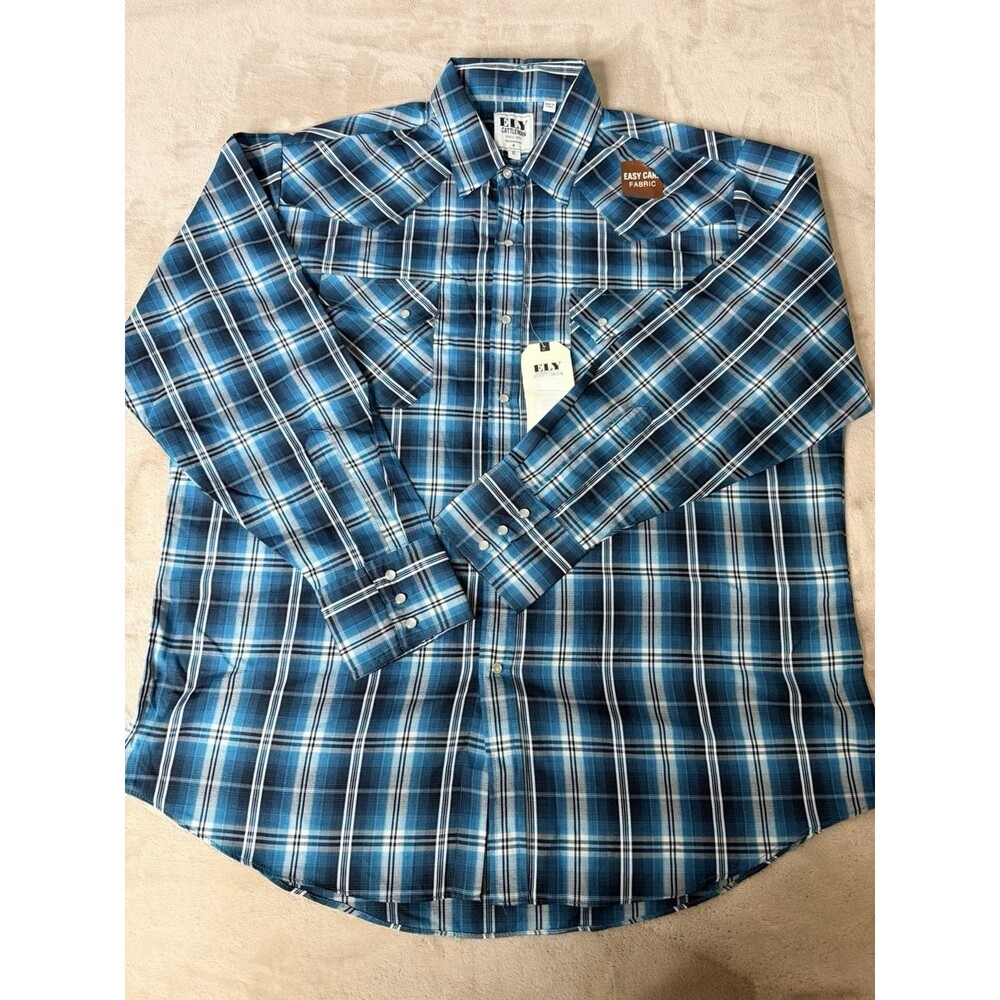 Ely Cattleman Men’s Blue Plaid Western Pearl Snap Button Up Shirt Size XL